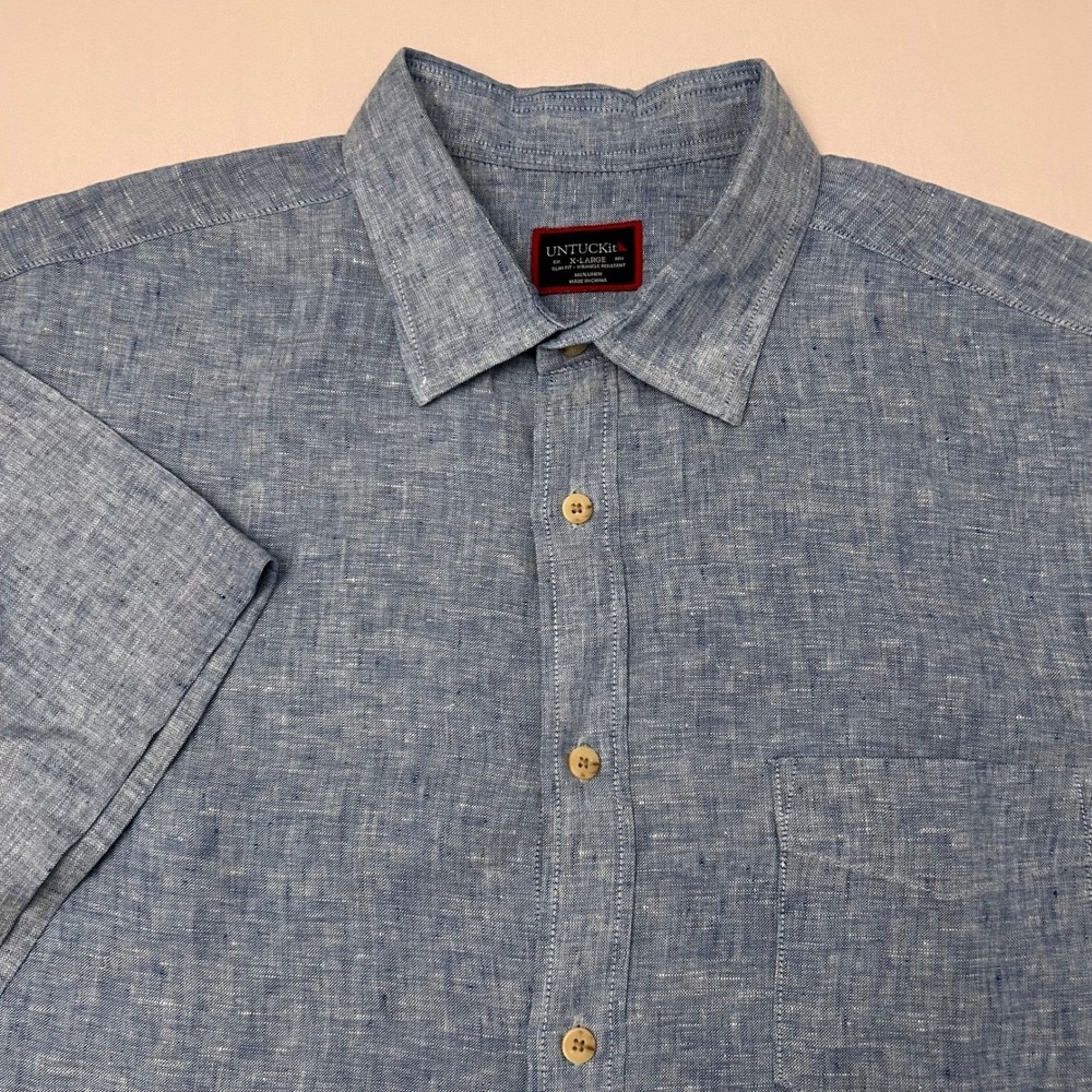 UNTUCKit Shirt Mens XL Blue 100% Linen Slim Fit Short Sleeve Wrinkle-Resistant